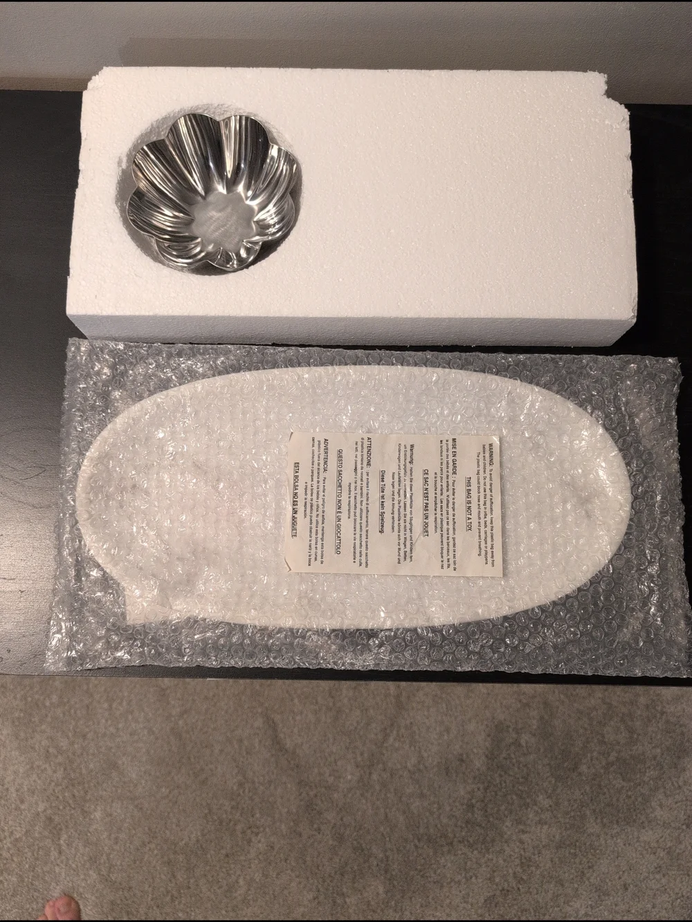 kate spade Gramercy Marble Oval Serving Platter w/Silver Flower Bowl New In Box